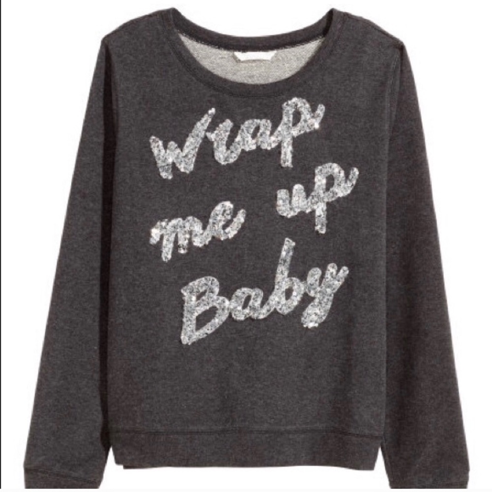 H&M “Wrap Me Up Baby” Gray Sequin Holiday Sweater